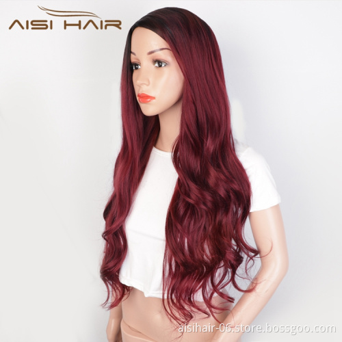 Fiber Wigs For Black Wavy Heat Resistant Synthetic Long Women Body Red Ombre Side Part Synthetic Wigs